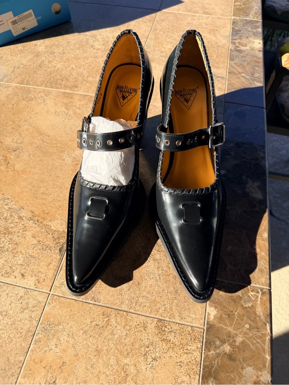 John Fluevog Shiny Black Pointed Mary Janes with Buckle Strap - Picture 2 of 5